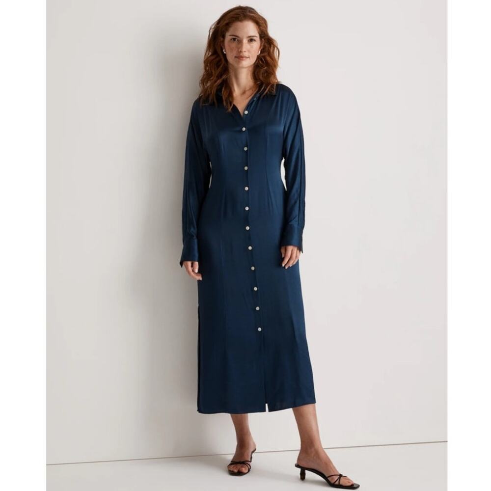 NWT Madewell Satin Button-Front Midi Shirtdress in Classic Indigo Size 2‎
